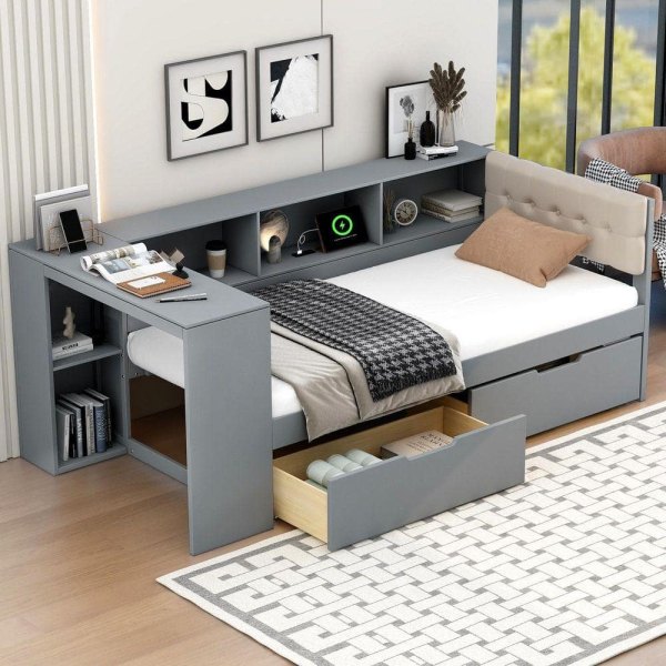 Gray Wood Frame Twin Size Platform Bed with Drawers, Upholstered Headboard, Charging Station and Shelves