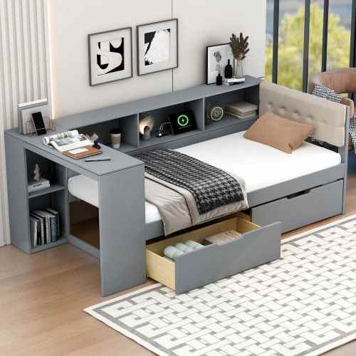 Gray Wood Frame Twin Size Platform Bed with Drawers, Upholstered Headboard, Charging Station and Shelves