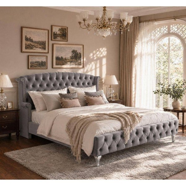 Wood Frame King Platform Bed Wingback Headboard and Nailhead Trim Decoration