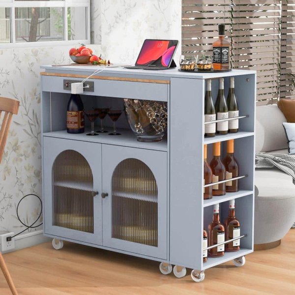 Grey Wood 33.22 in. Buffet with Wheels and LED Lights, Power Outlets