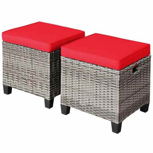 Mix Gray Wicker Outdoor Ottoman with Red Cushions, 2 Pack