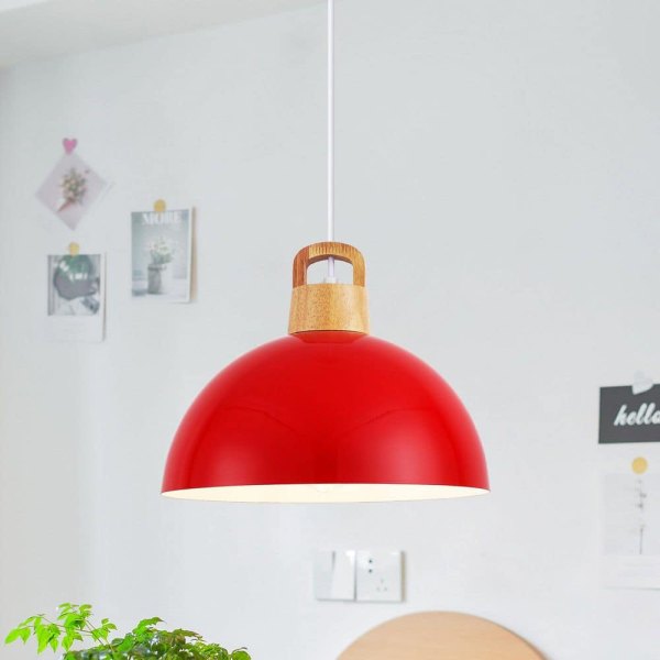 1-Light Red Industrial Metal Dome Shade Pendant Light with Wooden Top for Living Room Foyer Entryway