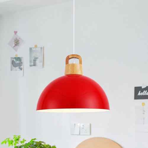 1-Light Red Industrial Metal Dome Shade Pendant Light with Wooden Top for Living Room Foyer Entryway