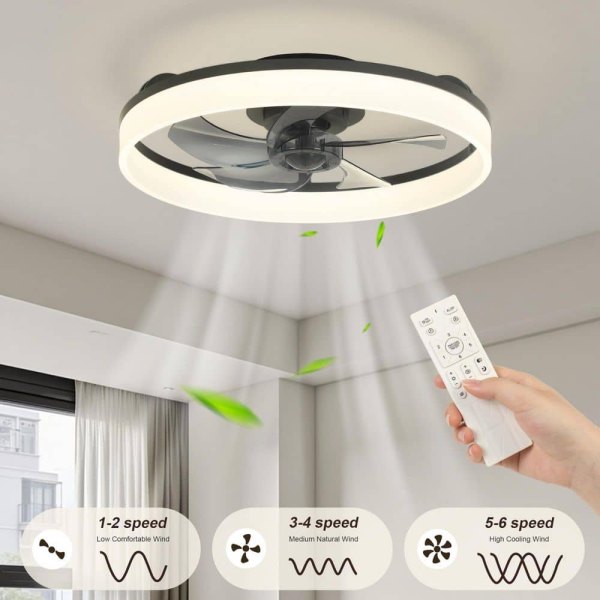 20 in. LED Indoor Black Standard Dimmable Matte Modern Low Profile Flush Mount Ceiling Fan with Remote for Bedroom