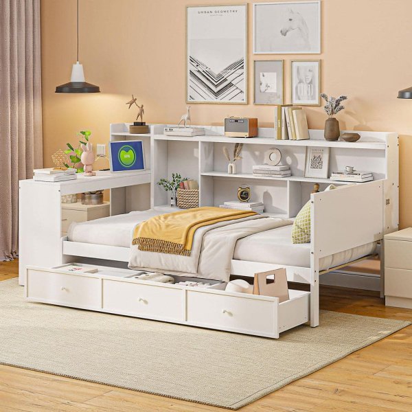 White Wood Frame Twin Size Daybed with 3 Drawers, USB Ports and Desk