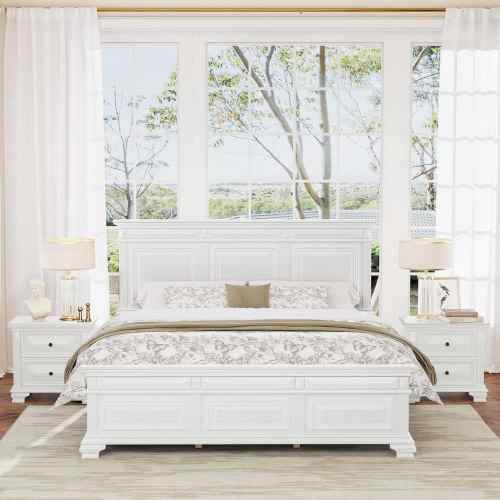 ABNER 2-Drawers White Bedside End Table Solid Wood Frame King Size Nightstand for Platform Bed with Handles (Set of 2)