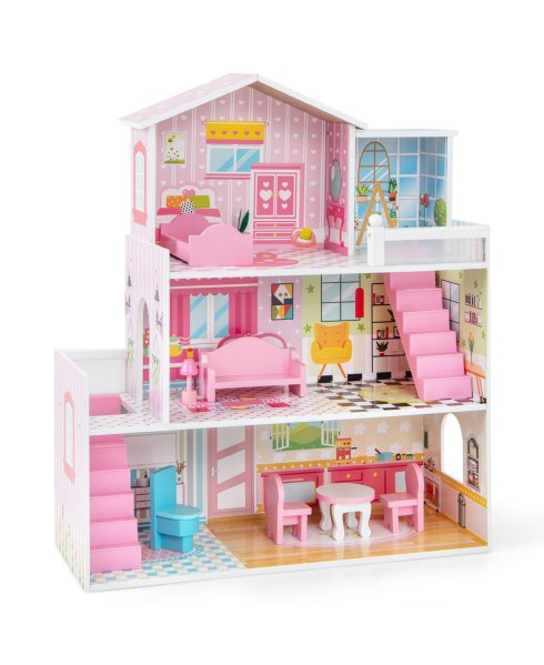 Kids Wooden Dollhouse Playset with 5 Simulated Rooms and 10 Pieces of Furniture - Pink