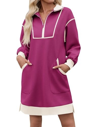 Half Zip Sweatshirt Dress Fall V Neck Contrast Mini Dresses