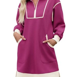 Half Zip Sweatshirt Dress Fall V Neck Contrast Mini Dresses