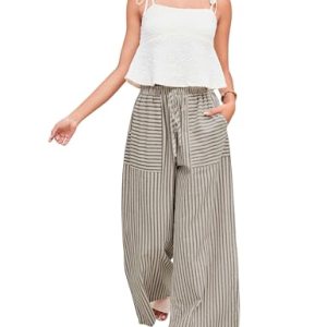 Wide Leg Pants Drawstring Striped Cotton Mid Rise