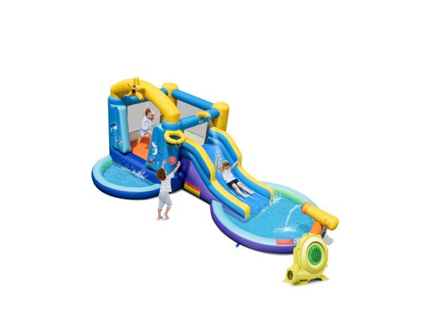 Inflatable Ocean-Themed Bounce House with 680W Blower and 2 Pools - Blue