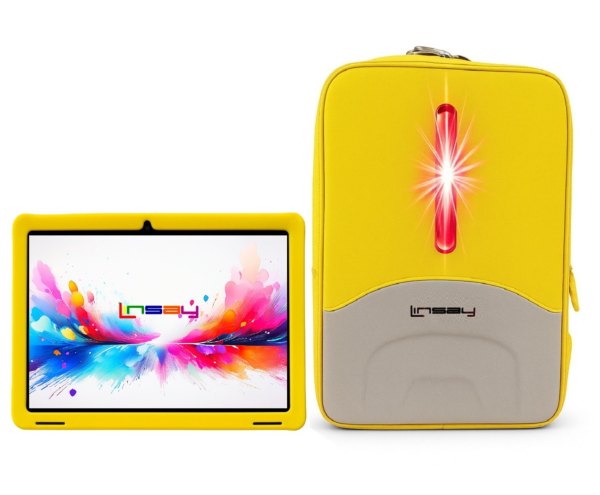 Linsay 10.1Octa Core 256GB Storage Android 15 Tablet with Yellow Kids Defender Case and Led Backpack Yellow
