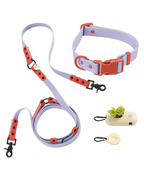 The Licker Store, Luna 8FT Adjustable 6-in-1 Waterproof Hands-Free Leash and Collar with Led Flashlight, Bag Dispenser, and Poop Bag Holder - Periwink