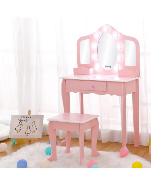 gaomon Toddler Vanity and Stool, Girls Vanity with 3 Mirror, Makeup Play Table for Girls 3