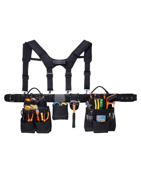 Mecale Tool Belt with Suspenders, 19 Pockets Heavy-Duty Tool Pouch, Adjustable Waist 31–51 in, Detachable Suspension Rig - Black