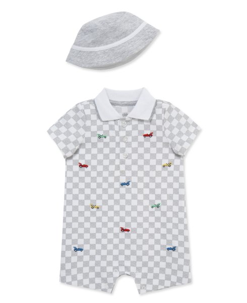 Little Me Baby Girls Race Car Romper & Hat, 2-Piece Set - Dark Gray/White