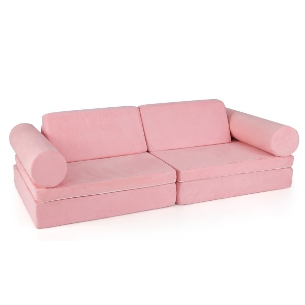 Sugift 8 Pieces Kids Play Couch Foam Building Fort Play Set with Suede Cover - Pink