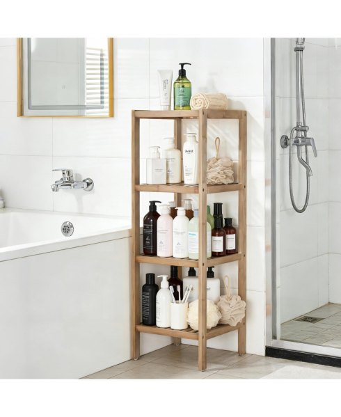 homfan 4-Tier Bamboo Shelf Narrow Bathroom Shelf with Slatted Shelves Wood Plant Stand Standing Towel Rack Corner Rack - Yellow