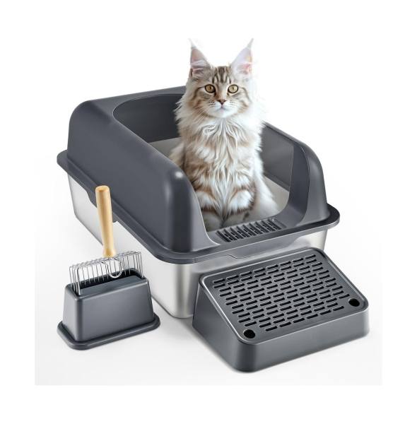 Ruie Xl Stainless Steel Cat Litter Box 6 in Deep with Filter Foot Board and Scoop - Dark grey