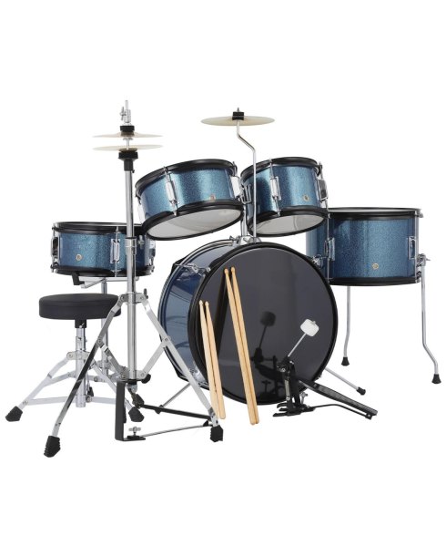 homfan Kids Drum Set - 5-Piece Junior Percussion Kit with Bass, Snare, Toms, Hi-Hat, Cymbal, Pedal and Adjustable Stool, Hardwood Construction - Blue