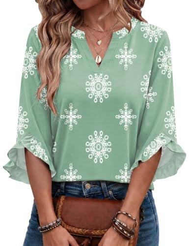 Ruffle 3/4 Sleeve Tops Casual V Neck Shirts