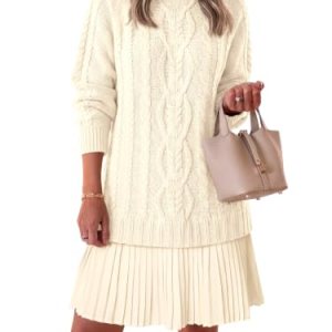Cable Knit Fall Sweater Dress Pleated Long Sleeve Crewneck