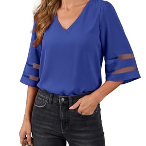 Casual Cute V Neck Mesh Panel Blouse 3/4 Bell Sleeve