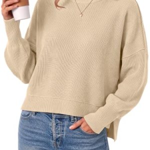 Cropped Sweaters Oversized Crewneck Long Batwing Sleeve Side Slit