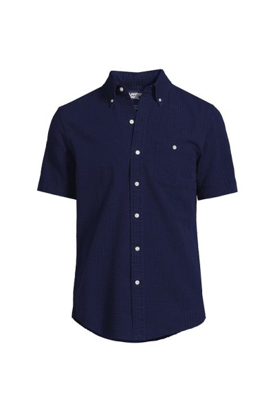 Mens Short Sleeve Seersucker Shirt Lands End Blue
