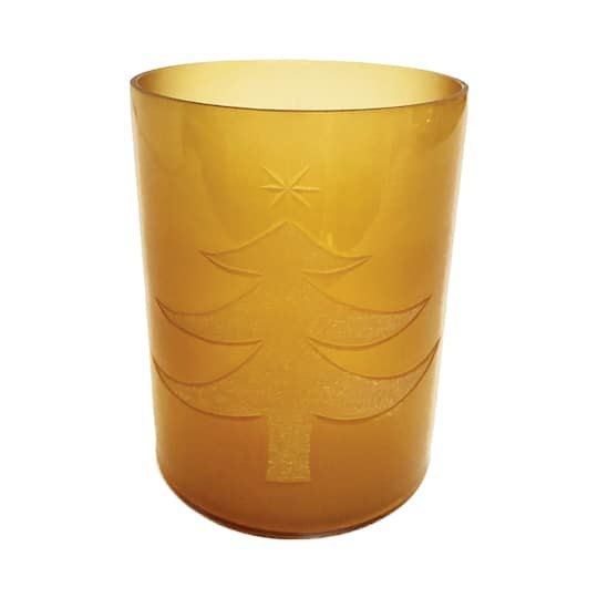 4.3 x 5.3 Apricot Glass Votive Candleholder with Etched Christmas Tree By Hello Honey | Michaels