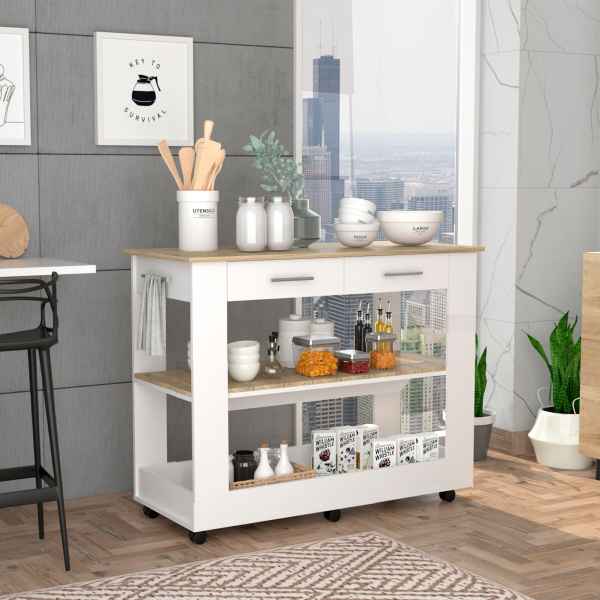 LOVMOR Cala Kitchen Island 46 Six Casters Two Drawers Lower Open Shelf White Light Oak one_size | SF-X-B20092031