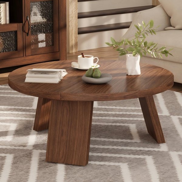 Garvee 33.5in Round Coffee Table Modern Circle Center Table with Inclined Legs Accent Cocktail Tables for Living Room Bedroom Easy Assembly Walnut