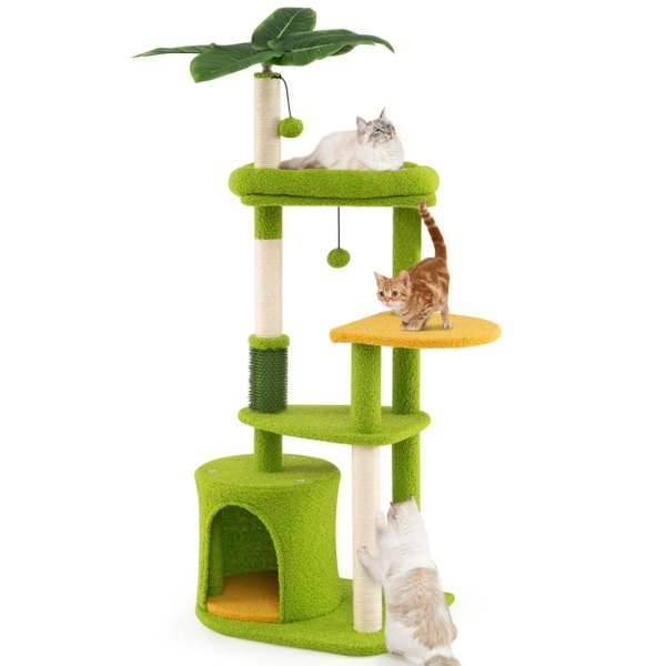 SUGIFT 48-in Cat Tree for Adult Cats Multi-Level Kitty Tower with Padded Perch Large Plush Condo Sisal Scratching Posts Self-Groomer 2 Dangling Balls