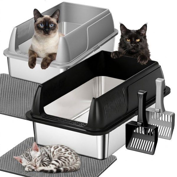 Gimars 2 Pack XL Stainless Steel Cat Litter Box for and Senior Cats Odor Resistant Easy Clean