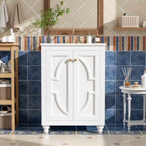 Boho Havens 24 Modern Bathroom Vanity with Ornate Elliptical Motif Design Soft-Close Hinges Bathroom Cabinet with Back Open Structure Ball-Turned