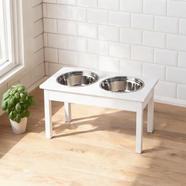 Watnature 23-Inch Elevated Double Dog Feeder with Stainless Steel Bowls Crisp White one_size | H4DBDJAIFQZN