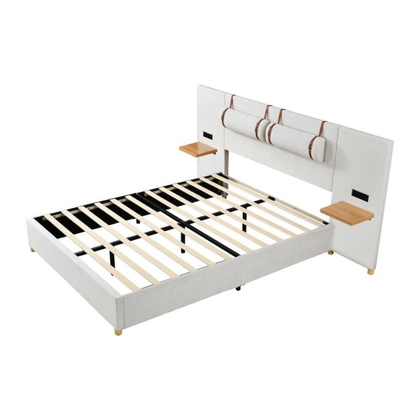 Beige Wood Frame Queen Size Platform Bed with Shelves, Two Outlets and USB Charging Ports on Both Sides