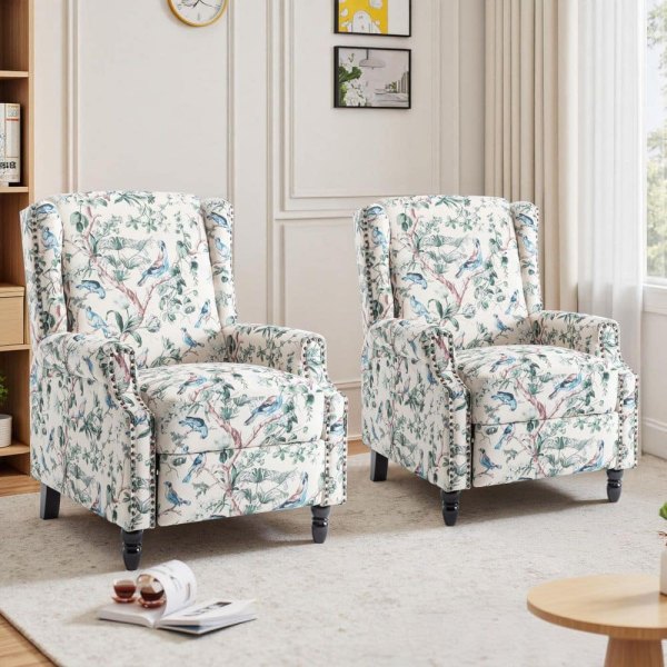 Bird Pattern Linen Nailhead Trim Upholstered Manual Recliner Chair with Adjustable Footrest(Set of 2)