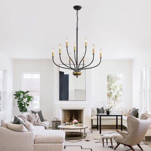 9-Light Black and Gold Candlestick Linear Kitchen Island Chandelier Light Fixture for Living Room,Foyer Pendant