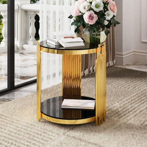 19.8 in. Black and Gold Round Tempered Glass End Coffee Table with Lower Shelf