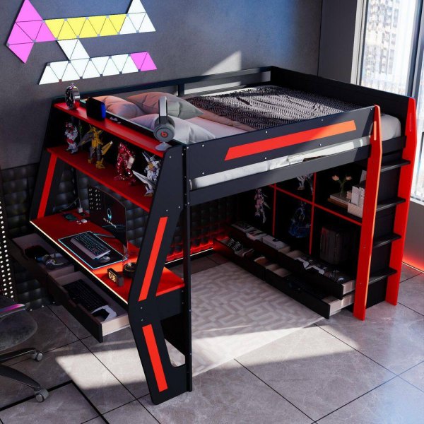 Gaming Style Black and Red Full Size Loft Bed with Built-in Desk, LED Lights, USB Ports, 6 Storage Cubbies, 6 Drawers