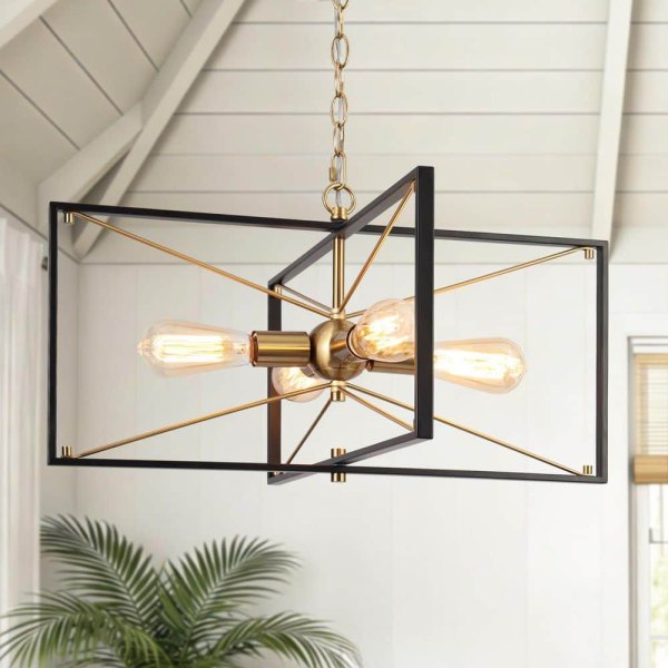 Connty 4-Light Brass Gold Kitchen Island Chandelier, Modern Farmhouse Black Cage Pendant Light for Dining Room, Entryway