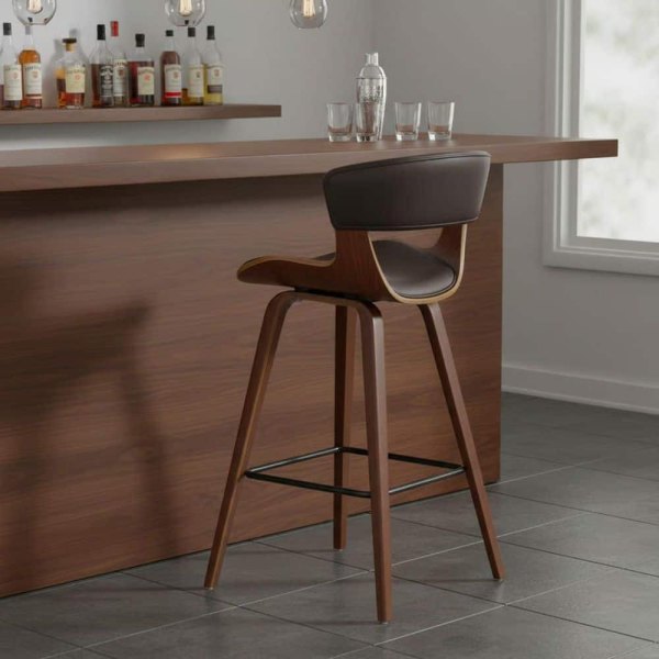 Bar Stool Black Faux Leather Cushioned Swivel Counter Height Chair 1-Piece with Walnut Wood Frame