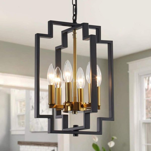 6-Light Black/Gold Dimmable Geometric Industrial Chandelier Candle Style Rustic Hanging Lighting for Kitchen Dining Room