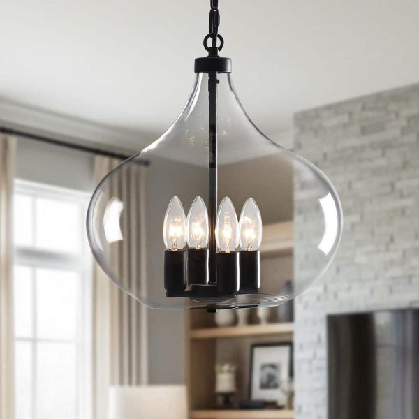 4-Light Black Modern Glass Candle Style Pendant Light Height Adjustable Chandelier for Foyer Hallway Entryway