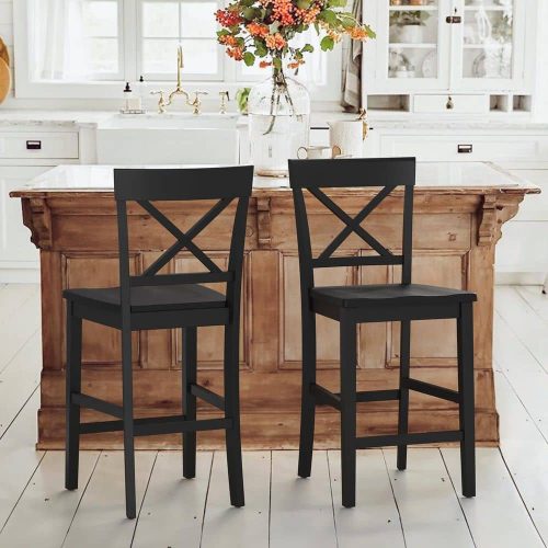 Eonia 24 in. Black Wood X-Back Bar Stool Counter Height Stool with Footrest (Set of 2)