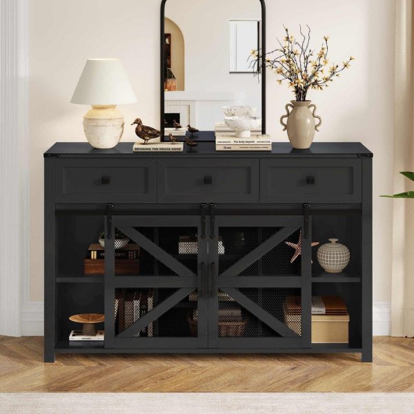 Black Particle Board Wood Buffet with 3 Drawers, Adjustable Shelves and Aluminum Handles