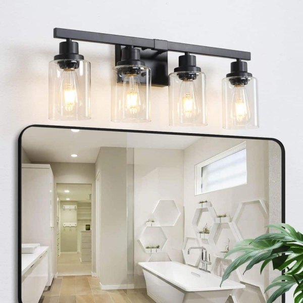 24.2 in. 4 Black Vanity Light Fixture with Clear Glass Shades