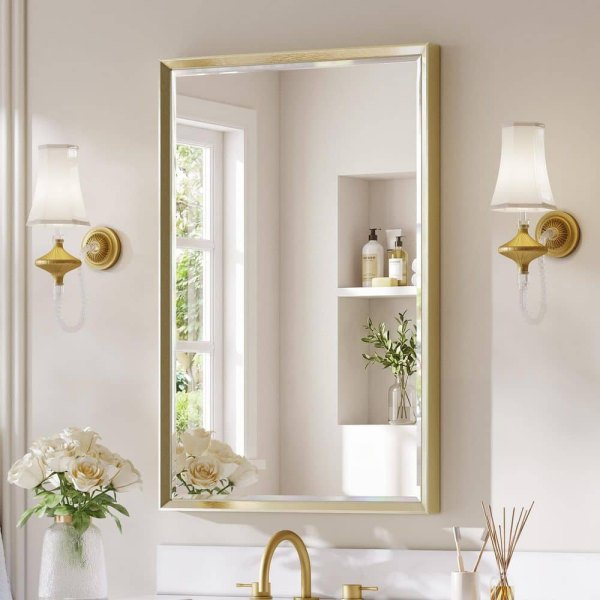 Modern 24 in. H x 36 in. W Aluminum Double Beveled Frame Wall Mounted Bathroom Vanity Miror, Brushed Gold