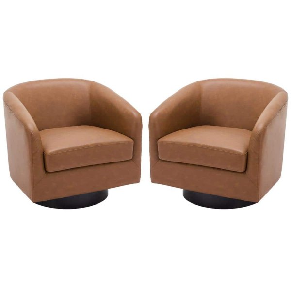 Modern Brown PU Leather Upholstered 360-Degree Swivel Accent Arm Chair With Wood Base(Set of 2)